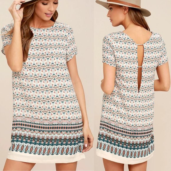 Lulus Dresses & Skirts - Lulus Botanical Beauty Beige Print Shift Dress Short Sleeves Mini Dress